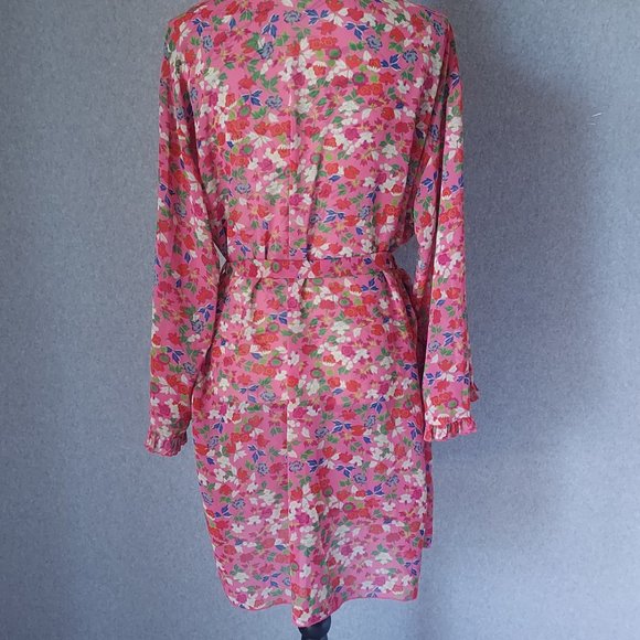 JOSIE Natori Chiffon Floral Ruffle Kimono Mini Robe Tie-Waist Pink Women Small - Picture 4 of 9